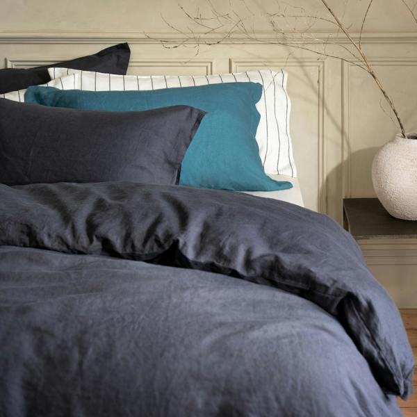 Midnight Grey French Linen 40cm Deep Fitted Sheets in a styled bedroom 4 | Soak and Sleep