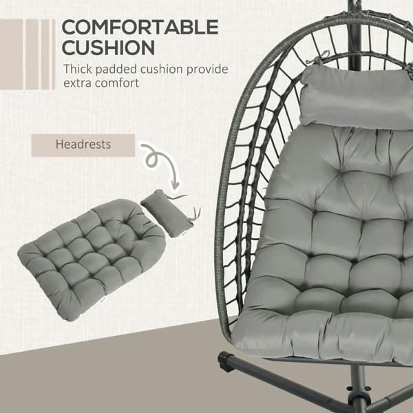 Hanging egg swing chair with thick light grey cushion and matching headrest pillow