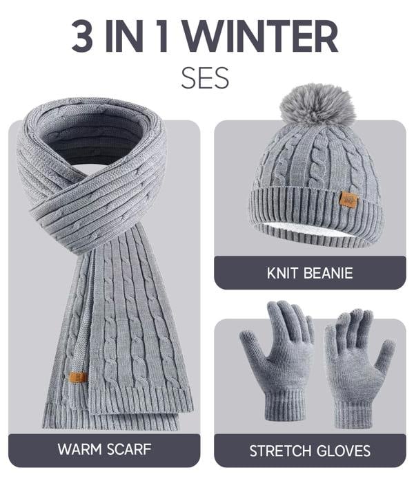 VIA MONTEN Women Scarf, Hat and Golves Set of 3 - Grey