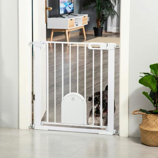 White pet safety gate in doorway position with arched cat door and pressure mounts