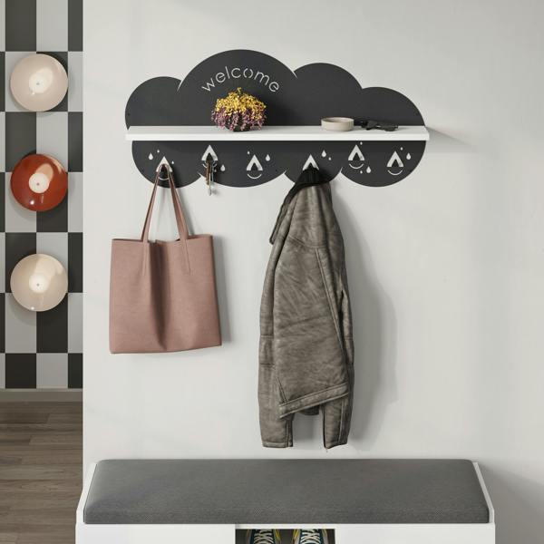 Decortie Cloudy Wall-Mounted Metal Hanger Shelf with 6 Metal Hooks Welcome Cloud Shape Functional Storage Hanger Entryway