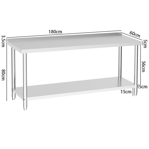 2 Tiers Commercial Kitchen Prep Table Stainless Steel Work Table Commercial Work Tables Living and Home 1800 mm With Backsplash
