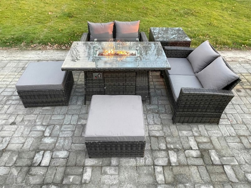 Fimous 6 Seater Rattan Garden Furniture Set Outdoor Lounge Sofa Chair Gas Fire Pit Dining Table Set With 2 Big Footstool Double Seat Sofa Side Table