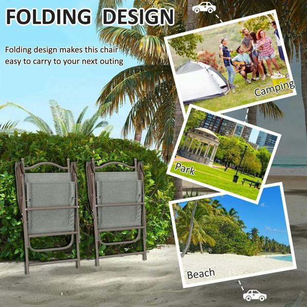 Set of two dark grey folding garden chairs with mesh backrests, ready to store