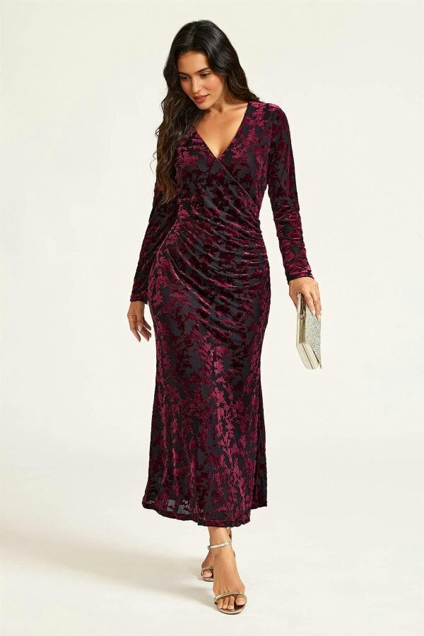 FS Collection Wine Floral Velvet Devore Long Sleeve Wrap Midi Dress In Black