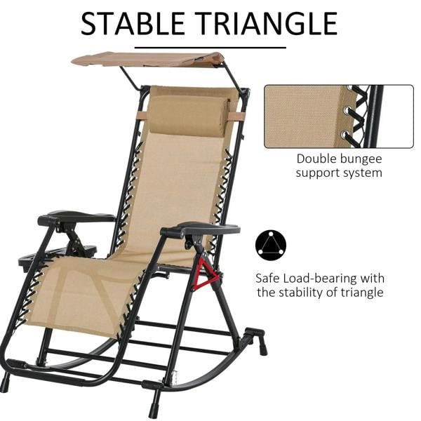 Beige rocking sun lounger chair with double bungee support system and side cup holder