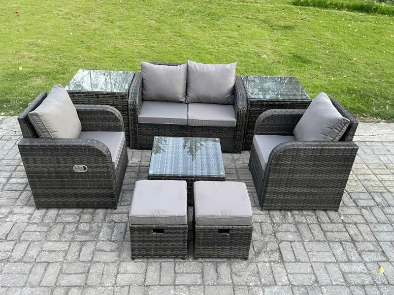 Fimous Rattan Garden Furniture Set Patio Conservatory Indoor Outdoor 8 Piece Set with Love Sofa Square Coffee Table 2 Small Footstools 2 Side Tables
