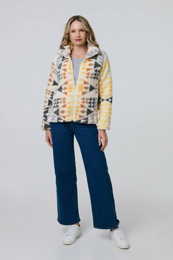 Cream | Aztec Print Relaxed Teddy Fur Jacket
