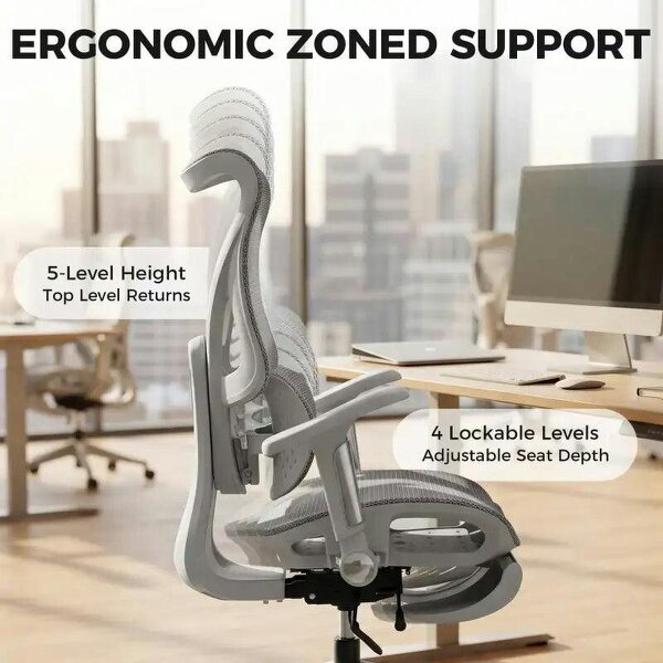 Ergonomic Office Chair with Lumbar Support, Mesh Reclining Desk Chair with Footrest, Adjustable High Back, Grey