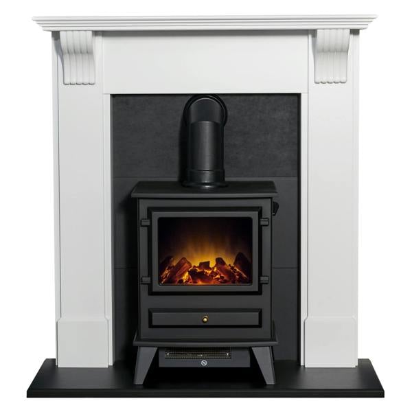 Adam Harrogate Stove Fireplace in Pure White & Black with Hudson Electric Stove in Black, 39 Inch