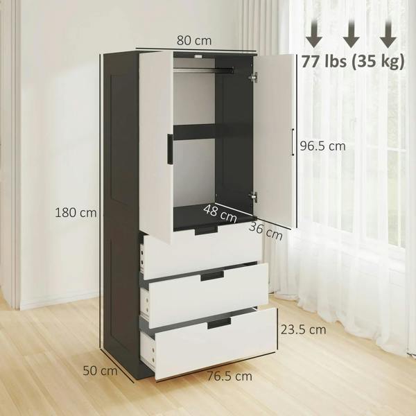 Black wardrobe open to show hanging area and three drawers