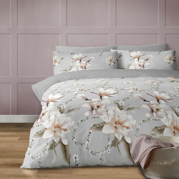 Dyzi Anemone Floral Polycotton Duvet Cover Set Grey White