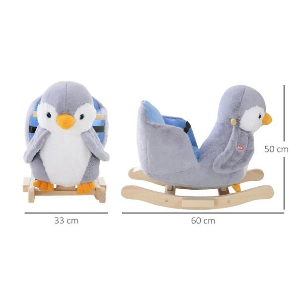 Plush penguin rocking horse shown from side view with curved wooden base and blue seat