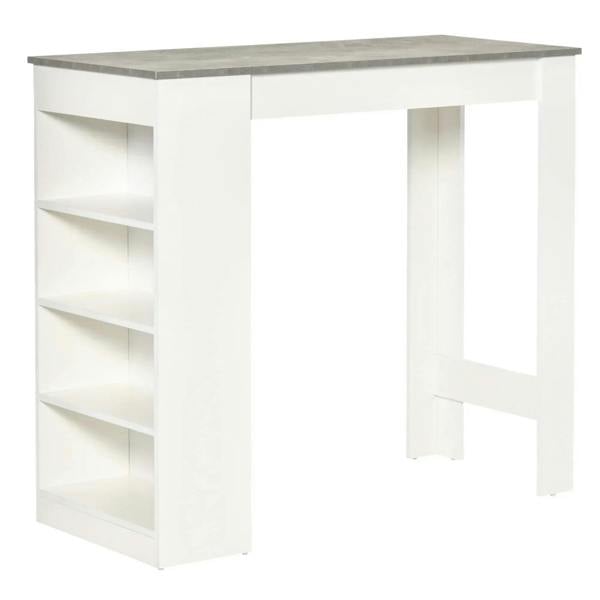 Grey bar table with white 4-tier shelving on the left side