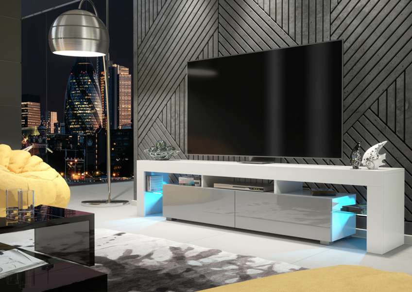 Mex Furniture Sleek 200cm TV Unit Cabinet Stand High Gloss Doors with Free LED Lights