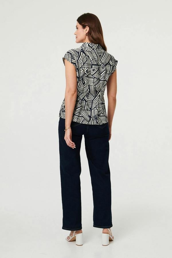 Navy | Geo Print Cap Sleeve Fitted Shirt
