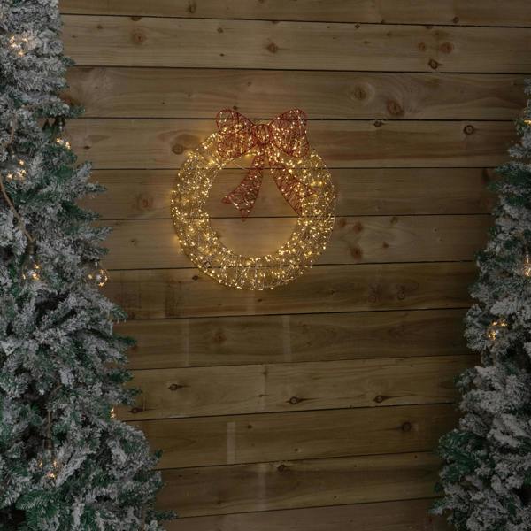 Samuel Alexander 50cm Gold Light Up Christmas Wreath with 600 Warm White LEDs, Timer & Red Bow