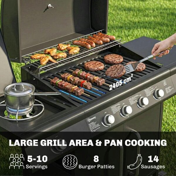 Bobobiy 4+1 Burner Gas BBQ Grill with Storage Cabinet, 15.2 kW Gas Barbecue Trolley with Side Table, 4 Wheels, Warming Rack