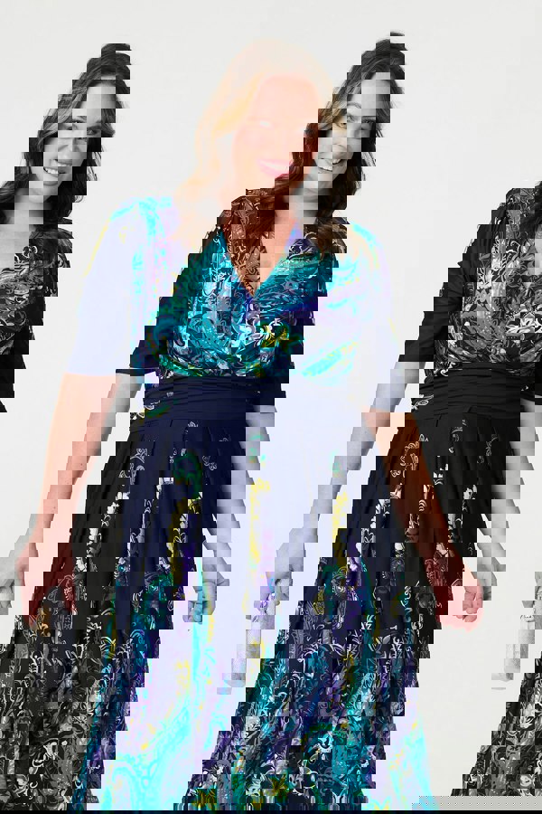 Teal | Printed Ruched Waist Midi Dress