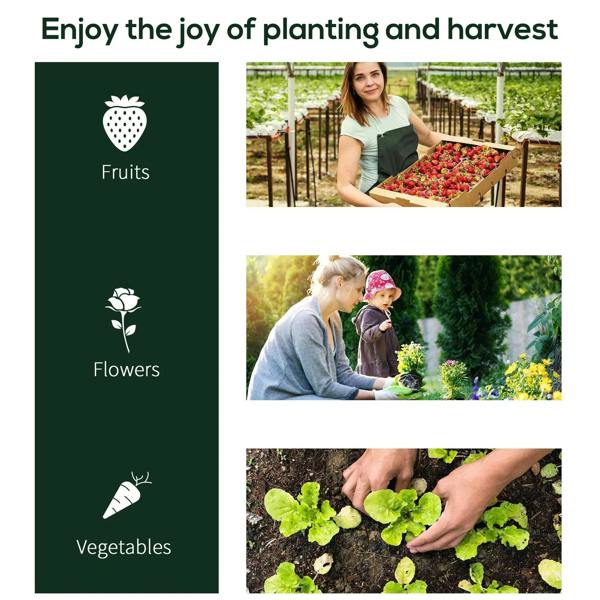 Promotional graphic with icons for fruits, flowers, and vegetables for greenhouse planting