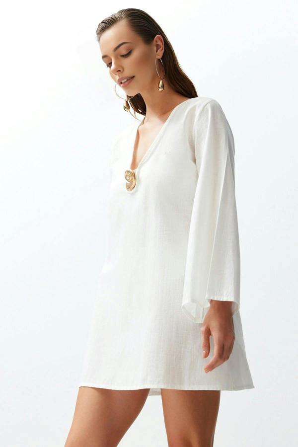 WOVCOR V Neck Long Sleeve Accessory Detail Beach Mini Dress