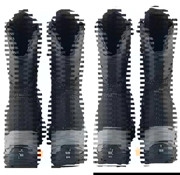 Scruffs Rafter Mens SBP Safety Steel Toe Midsole Work Ankle Boots, front view showing black and gray sturdy footwear with reinforced toe cap and padded ankle support.