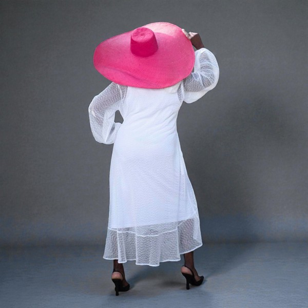 Women's Plus Size Aphrodite White Holiday Resort Dress with hoodie and white undergarment, paired with a pink sunhat.Shown from the back. Plain Background.