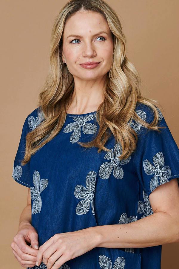 Blue | Floral Embroidered Short Shift Dress