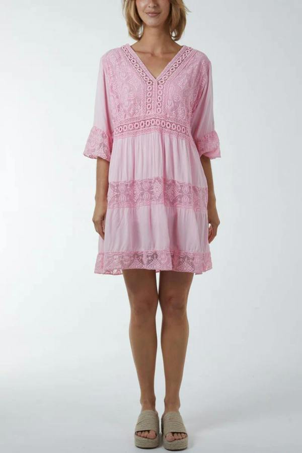 Hoxton Gal Oversized 3/4 Sleeves Lace Detailed V Neck Mini Dress in Pink