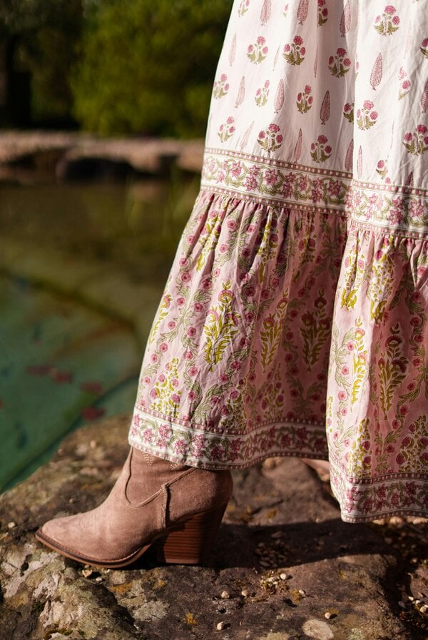 Lalita Cream Woodblock print maxi dress 100% cotton, side pockets and border print hem