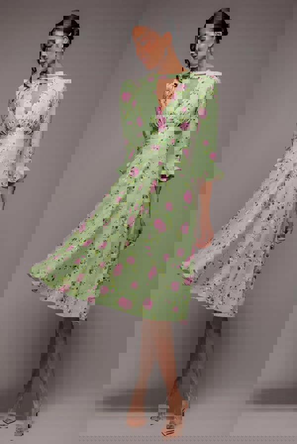 Floral Printed Flared Sleeve Midi - Sage Green DR4345