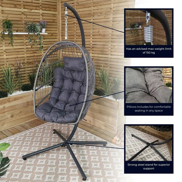 Samuel Alexander Hanging Egg Chair With Stand Waterproof Cover And Cushions Steel Frame Rattan Outdoor Swing Chair - Grey