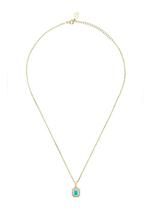 Gold necklace with a turquoise pendant on a white background