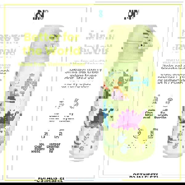 A light green stainless steel water bottle, featuring a dinosaur design, sits against a white background. The bottle is described as durable, recyclable, and dishwasher safe.