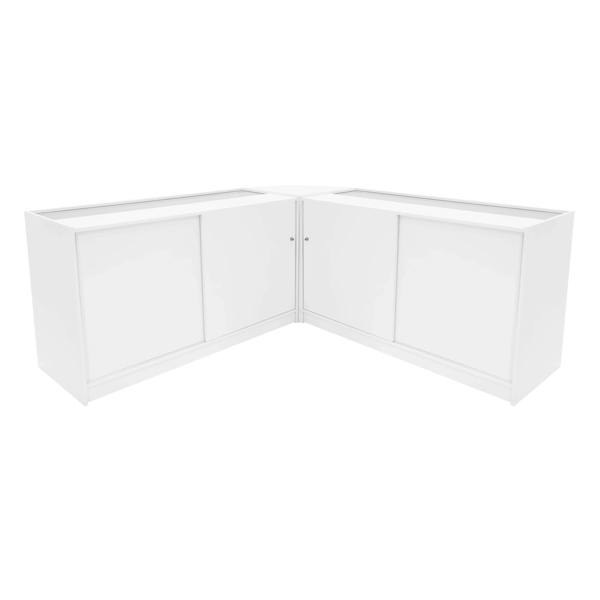 White Calliope LED shop counter set featuring sleek, modern design with sliding doors and a glossy finish, ideal for retail displays