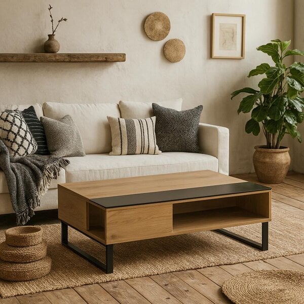 Wyld Haus Malta Black and Natural Oak Wood Lift Up Coffee Table Open Storage