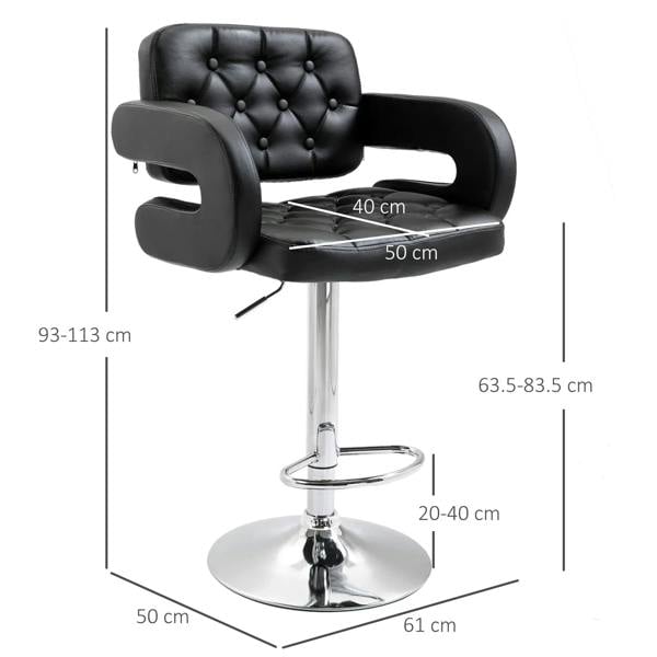 Black height-adjustable swivel bar stool with backrest, armrests, and round metal footrest