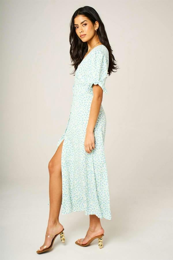 FS Collection Green Blue Floral Print Button Front Tie Sleeve Midi Dress In White