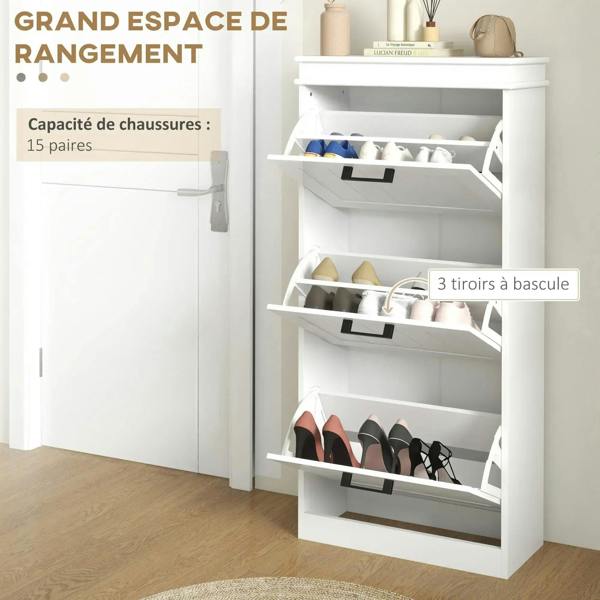White shoe storage cabinet with open door, interior shelves holding shoes and boots