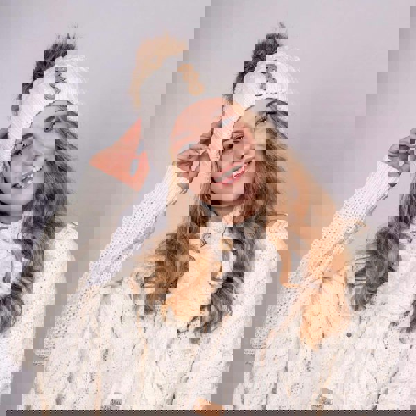 Aran Diamond Cable Button Hat Fisherman Stitch Pom Pom Hat | Chunky Rib Knit with Faux Fur Pom Pom