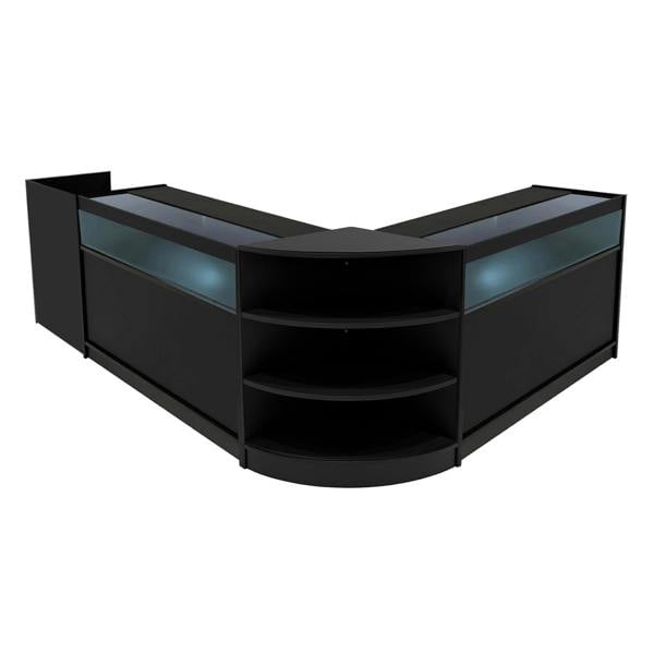 Sagittarius LED Shop Counter Set in sleek black, featuring curved design, glass display tops, and open shelving for storage