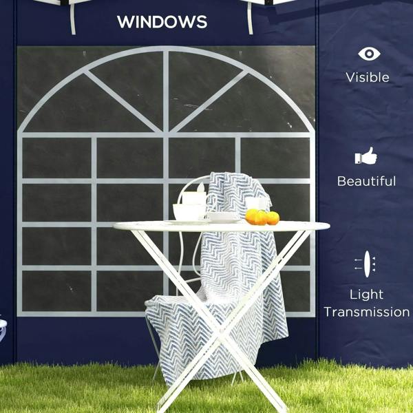Blue gazebo side panel with large visible window and white grid pattern