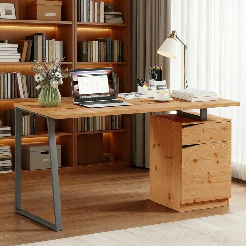 Wyld Haus Nolole 135cm Natural Wood Home Office Desk With Storage Drawer and Cabinet