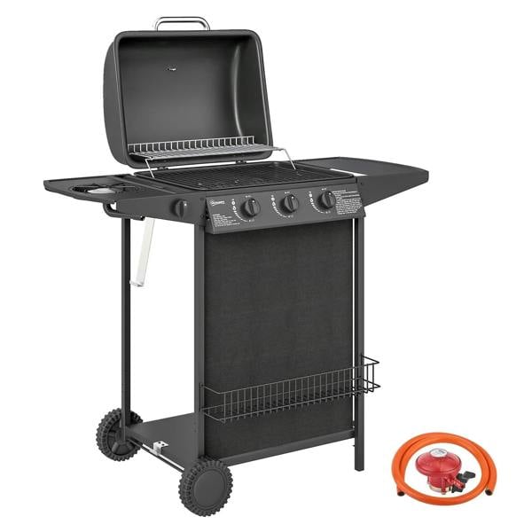 Black four-burner gas grill with lid open, control knobs, and side shelf on wheels