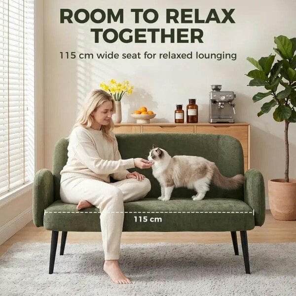132cm 2 Seater Sofa, Velvet Comfy Small Sofa Couch with Wide Seat, Thick Padding, Tapered Metal Legs, Green