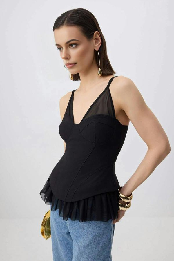 WOVCOR Tulle Detailed Elegant Woven Blouse