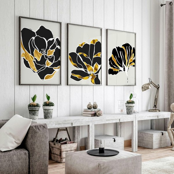 Artwork for living room | set of 3 wall art with gold