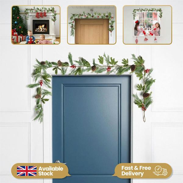 18cm Green Cedar Christmas Garland with Red Berries and Pinecones for Indoor or Outdoor Display image 7