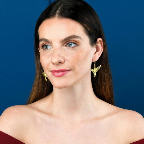 namana Gold Bird Dangle Earrings in a Hummingbird Design for Women