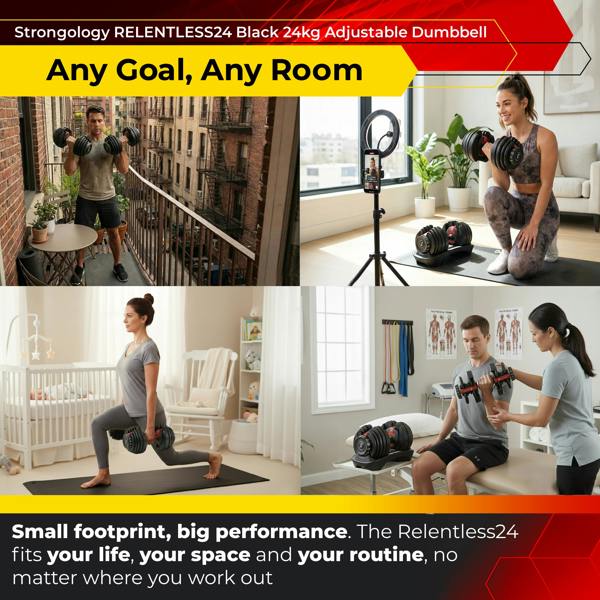 Strongology Relentless24 Pair Home Fitness Black Red Adjustable Smart Dumbbells from 2.5kg up to 24kg Training Weights